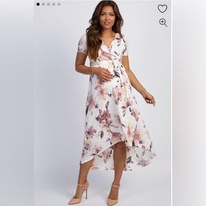 PinkBlush Ivory Watercolor Floral Hi-Low Maternity Wrap Dress